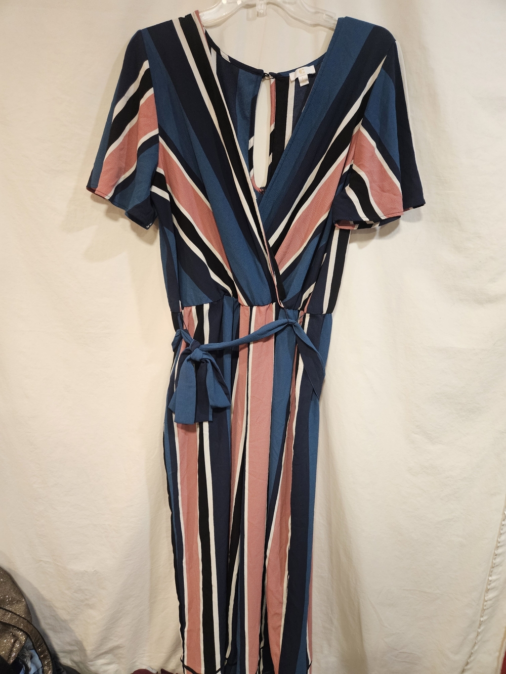 C Striped Wrap Jumpsuit in Blue, Dusty Rose, Black and White